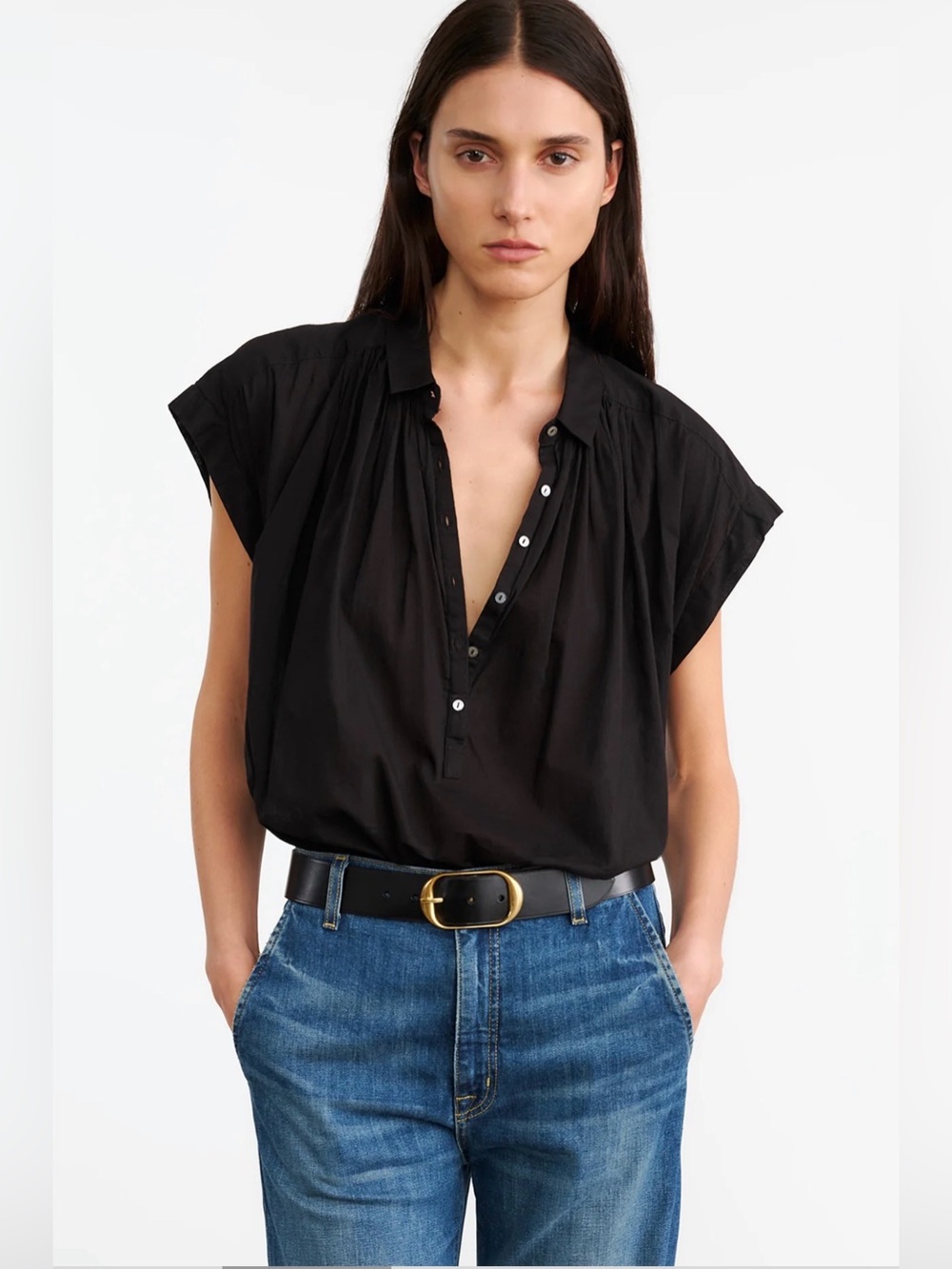 Nili Lotan Black Cap-Sleeve Normandy Blouse Size Medium NWT